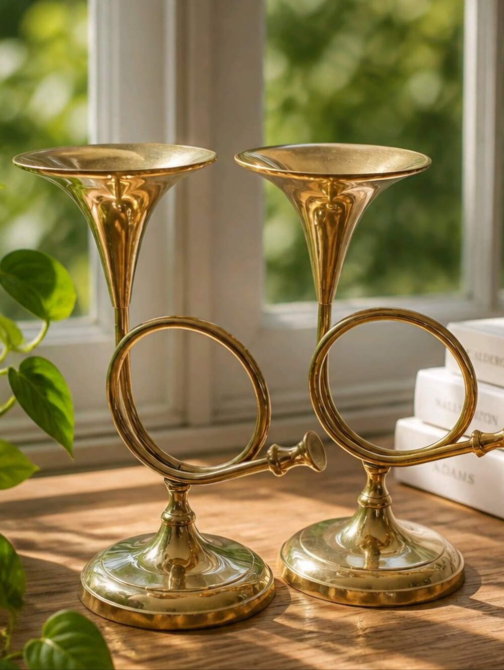 Brass Horn Candlestick Holders Set Of Two